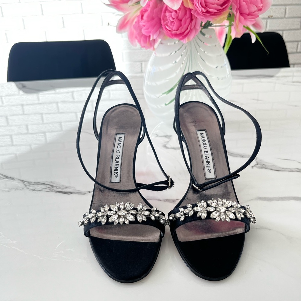 Manolo Blahnik Black Crystal-Embellished Strappy Slingback Heels - Picture 1 of 7